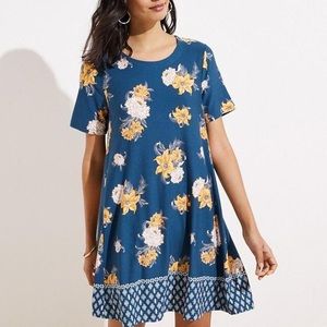 LOFT BORDER FLORAL SWING DRESS IN MIDNIGHT SEA - L